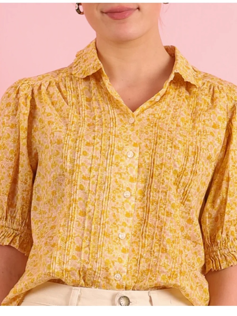 Trovata Yellow Floral Pintuck Button-Down Blouse